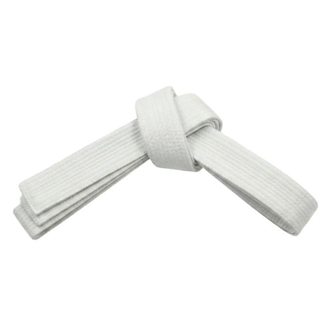 White Taekwondo belt for beginners, symbolizing the start of the martial arts journey.